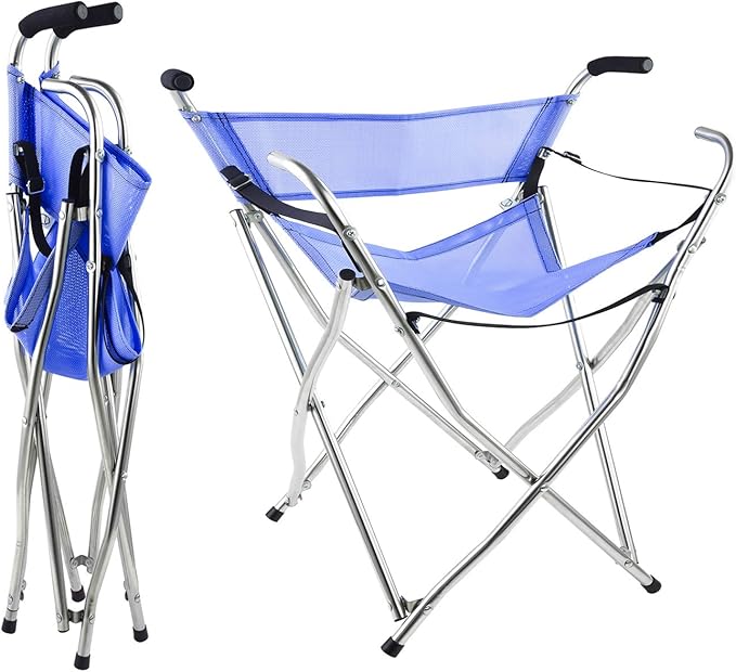 Canes and Walking Sticks Seat Collapsible 300lbs - Sport Folding Chair Seat Cane 4 Stool Walker for Camping (Heavy Duty Aluminum Alloy 1kg -2.2lb Weight XL Size Blue)