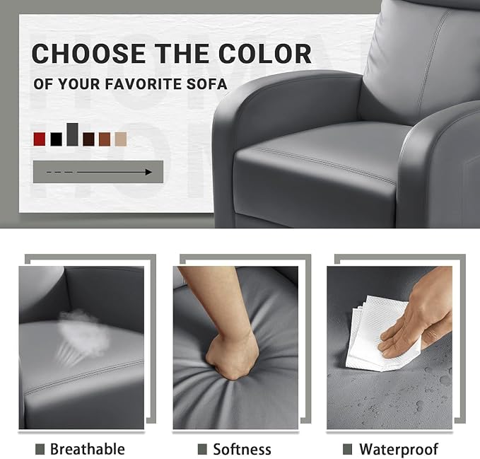 Homall Recliner Chair, Recliner Sofa PU Leather for Adults, Grey Recliners | Home Theater Seating with Lumbar Support, Reclining Sofa Chair for Living Room