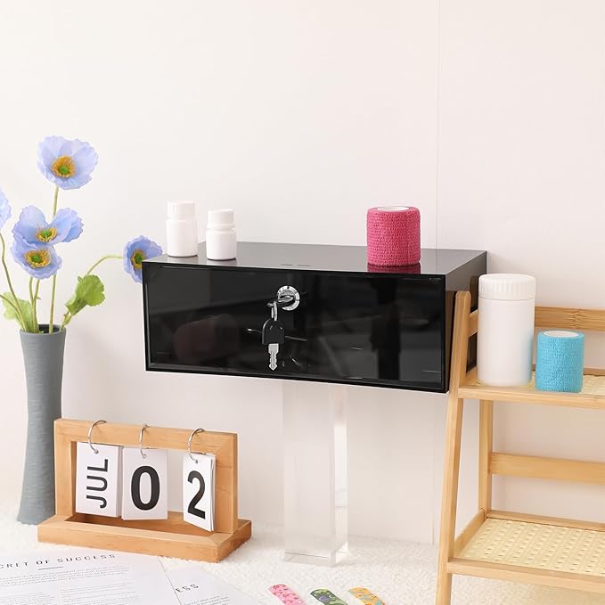 Refrigerator Medicine Lock Box with Keys and Mounting Hardware 12 x 6 x 4.5 Inch Wall Mount Locking Medicine Box Black Acrylic Wall Cabinet, First Aid Kit for Emergencies Home Use