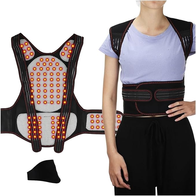 Physical Therapy Back Brace Posture Corrector for Seniors Men & Women Self-Heating 108pcs Magnets Full Back Lumbar Support Belt Shirts Vest Pain Relief for The Elderly, Black, XL/X-Large