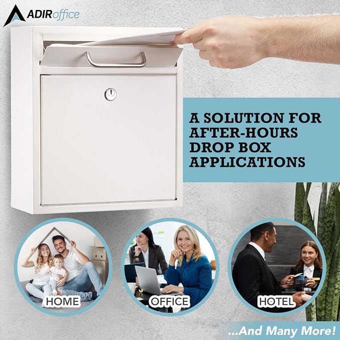 AdirOffice Ultimate Drop Box Wall-Mounted Mailbox - Hanging Secured Postbox - Durable Spacious Key - Perfect for After Hours Deposits Payments Key and Letter Drops (White, Large) (White, Large)