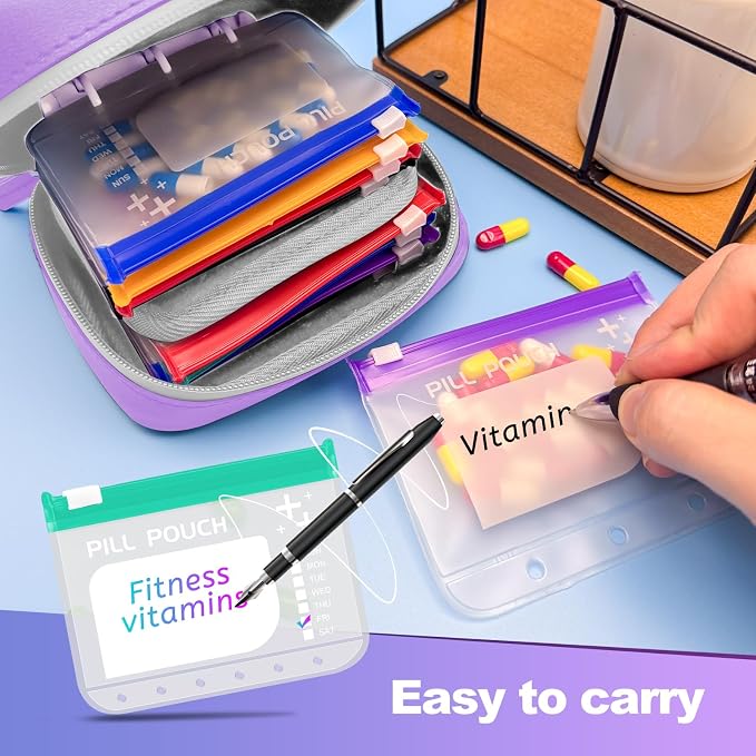 A8 Waterproof Pill Organizer Set, Twice-Daily Large Pill Organizer for Seven Days, Pill Storage with 14 Color-Coded Pouches, Reusable Travel Medicine Organizer