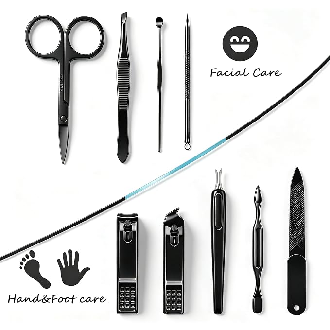 HANTEKAS Manicure Set 9 in 1 Stainless Steel, Nail Clippers Scissors Pedicure Tools Kit - Portable Travel Grooming Kit for Men and Women with Black/Blue Leather Case (Blue)