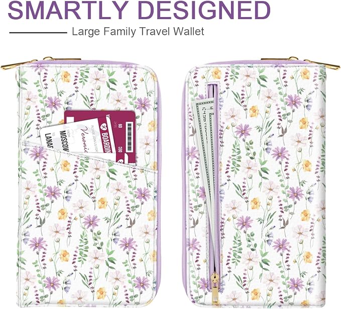 Family Passport Holder Wallet RFID Blocking Document Organizer | PU Leather Mulit-purpose Travel Wallet Credit Cards Case for Women Men, Daisy