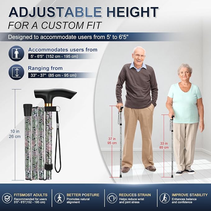 supregear Folding Cane, 5-Level Adjustable Height Walking Stick Lightweight Collapsible Portable Travel Cane with Wrist Strap and T Handle for Elderly Disabled Men Women