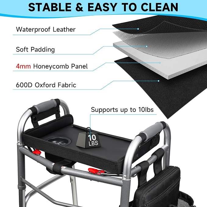 Walker Tray for Folding Walkers with Cup Holder & Side Bag, Adjutable Walker Tray Table Fits Most Standard Walkers, Non-Slip & Easy-Clean Leather Surface, Removable & Easy Assembly