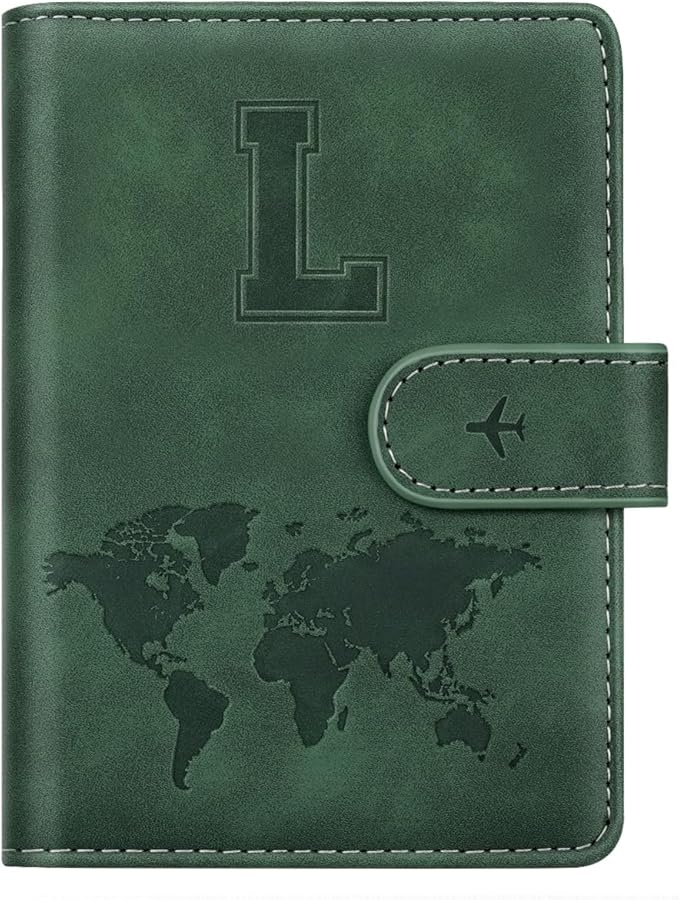Passport Holder Wallet Cover Personalized Initial Travel Essentials | Embossed Letter A-Z Design, Travel Wallets, RFID Blocking, Passport Book Holders, Women Men, Personalized Gifts, Green-L