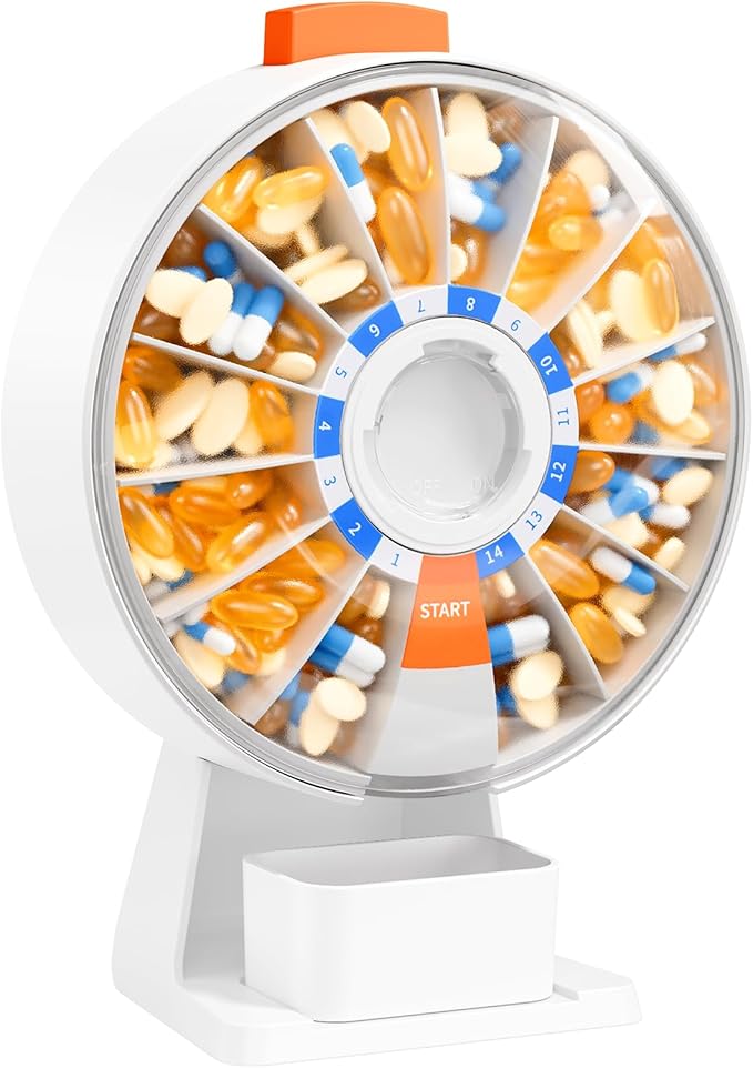 Daviky Daily Pill Dispenser, Large Capacity 14-Day Pill Organizer Box | Push Button Dispensing, Easy Open, Wall-Mounted or Standing, 14 Compartments, Senior-Friendly, for Medication & Vitamins