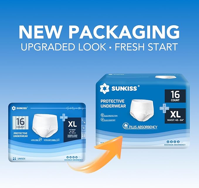 SUNKISS TrustPlus Incontinence and Postpartum Underwear for Men and Women, Disposable Protective Underwear with Overnight Comfort Absorbency, XLarge, 16 Count