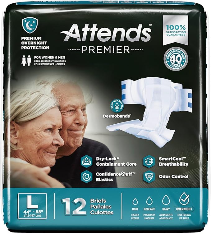 Attends Premier Adult Disposable SmartCool® Briefs, Large, 44-58" High-Rise Waist Tab Closure, Premium Overnight Dry-Lock Protection, Odor Control, 12ct Bag