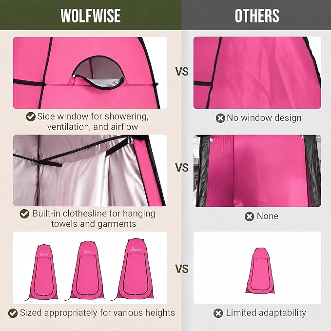 WolfWise Pop Up Shower Tent for Camping Essentials, Compact & Lightweight | Portable Instant Changing Tent with Window & Carry Bag, Privacy Dressing Room Bathroom for Outdoor, 6'3"/6'11" H