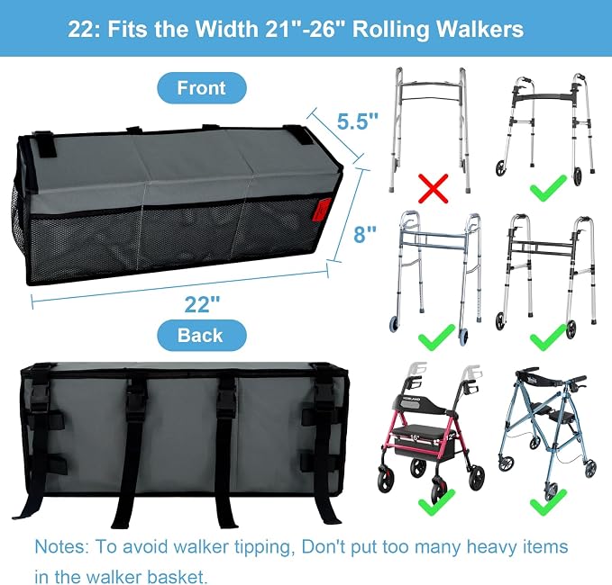 Extra Large Bariatric Walker Basket for 21"-26" Width Folding Walker/Rollators, Extra Wide Walker Storage Baskets with Cup Holder, Lid & Multiple Pocket, Easy to Use Walker Tote Bag for Seniors, Grey.