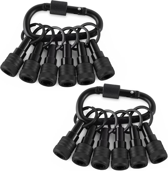 Katerk Bit Holder Keychain 12 Pcs, 1/4-Inch Hex Shank, Quick Release, Black | Aluminum Alloy, Impact Drivers, Drill Bits, Tool Belt Use, Carabiner Clip, One-Handed Operation, Ball Lock, Compact Organizer