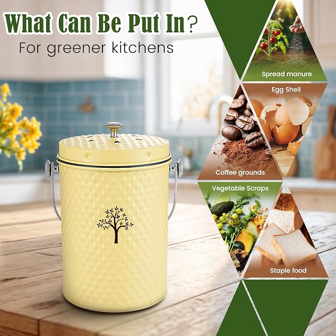 Countertop Kitchen Odorless Compost Bin with Removable Inner Bucket | 1 Gallon Composter Container,Includes 50 Compost Bags,2 Carbon Filters,Compost Bucket, ideal for food scraps,coffee grounds