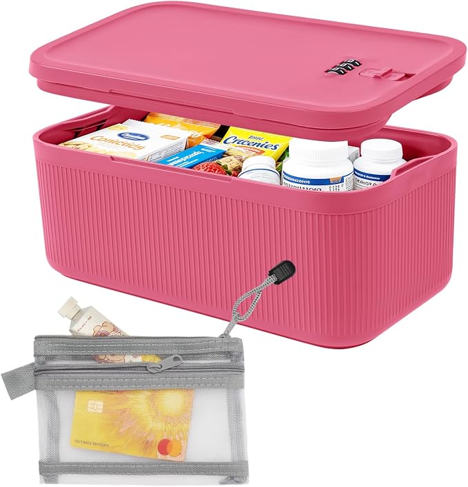 Medicine Lock Box with Code, Lockable Storage Box for Phone Medicine Safe Pill Fridge, Storage Bin for Home Office Gift, Includes Mesh Zipper Pouch, Pink