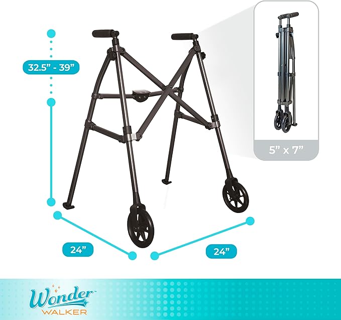 Stander Space Saver Walker, Lightweight Folding Rolling Mobility Aid for Seniors & Adults, Compact 2-Wheel Disability Device with 6-inch Wheels & Ski Glides for Walking Support, Black Walnut