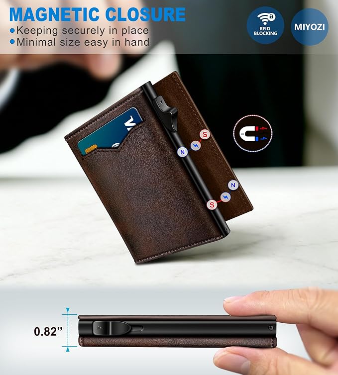 Wallet for Men,with Cash Pocket 2 ID Window 9-13 Cards,Metal Case Smart Slim Pop Up Credit Card Holder Flip with Magnetic Closure RFID Blocking Trifold wallet with Gift Box