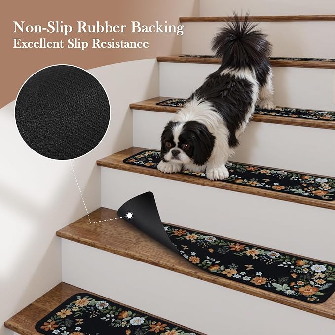 OJIA Stair Treads Non-Slip Carpet Stair Treads for Wooden Steps Indoor | 15PCS 30"x8" Floral Stair Runner Stair Mats Staircase Step Treads for Kids, Elders and Dogs, Stair Covers, Black
