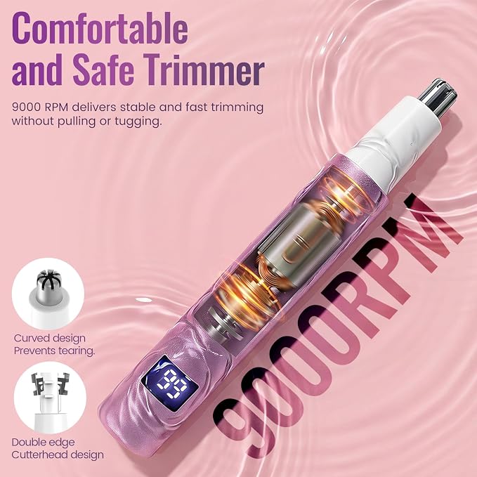 Nose & Ear Hair Trimmer for Women and Men, 2026 Painless USB Rechargeable Facial & Eyebrow Trimmer Clipper with LED Display for Easy Cleansing, Portable Grooming Kit,Gift Box Included (Pink)