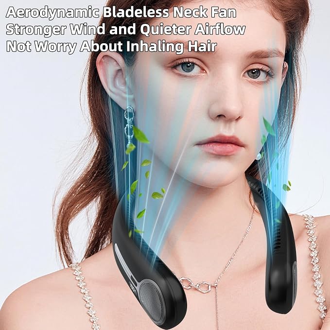 Portable Neck Fan, Personal Wearable Bladeless Fan, 6000mAh USB Rechargeable, 360° Airflow, LED Display, 4-Speeds, Hands Free Fan for Outdoor Indoor, Birthday Gifts for Men Women Dad Mom (Black)