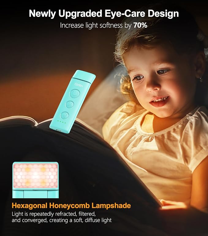 Gritin Book Light Rechargeable, Clip on LED Reading Light for Books in Bed | Eye Caring 3-Color & 5-Brightness, Stepless Dimming, Long Lasting, Compact Size Flexible Book Lamp for Bookworms-Blue