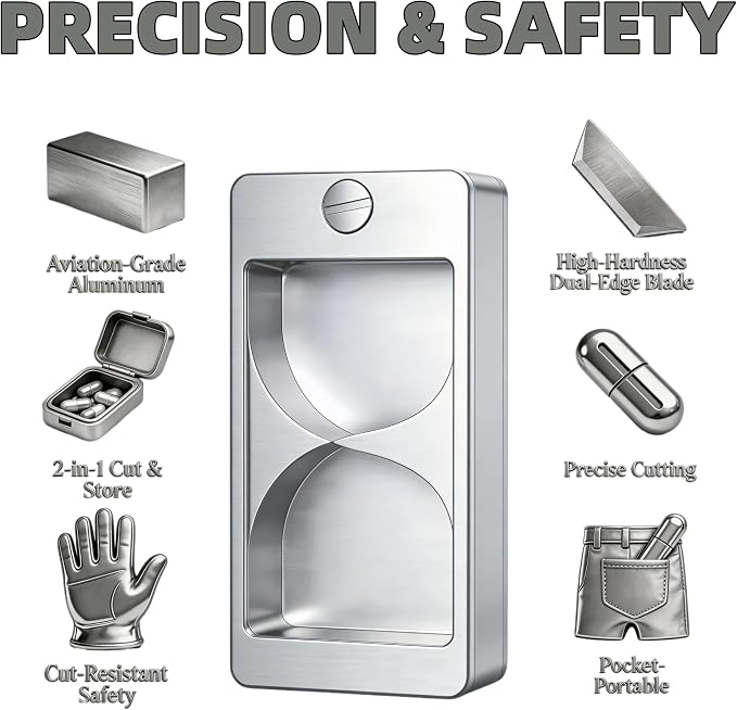 Professional Pill Cutter & Splitter - Precision Aluminum Tablet Slicer for Small, Large & Tiny Tablets | Cortador for Accurate Medicine & Vitamin Doses (Silver)