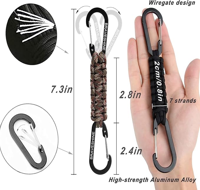 BRAVESHINE Paracord Keychain Carabiner Clip | D Ring Hanger Lanyard Hook | 7.3inch Long | for Stroller, Water Bottle, Key, Backpacks, Men, Women, Luggage, Car Seat Headrest, Fence, Bag Charms