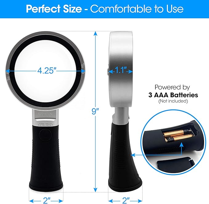 MagniPros Extra Large 10X Magnifying Glass with Detachable Lenses- 3 Color Modes with Self-Standing Non-Slip Ergonomic Handle for Hobbyists, AMD, Reading Fine Print, Seniors