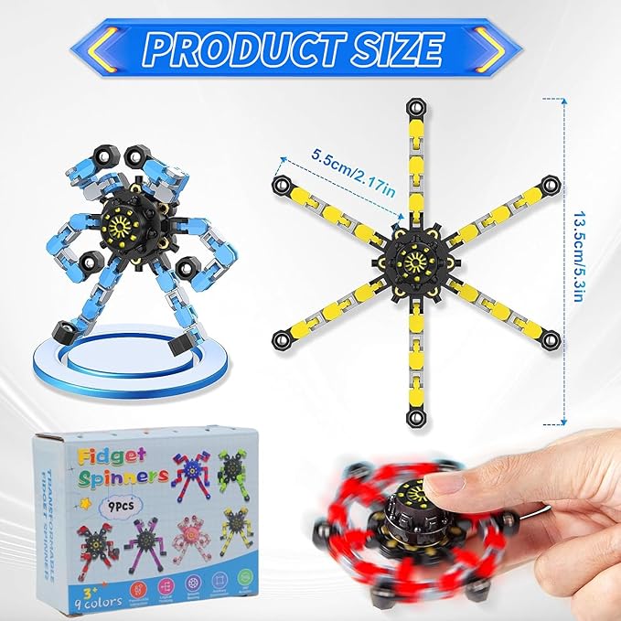 Transformable Fidget Spinners 9-Pack – Sensory Toys for Kids & Adults with ADHD, Autism, Anxiety Relief