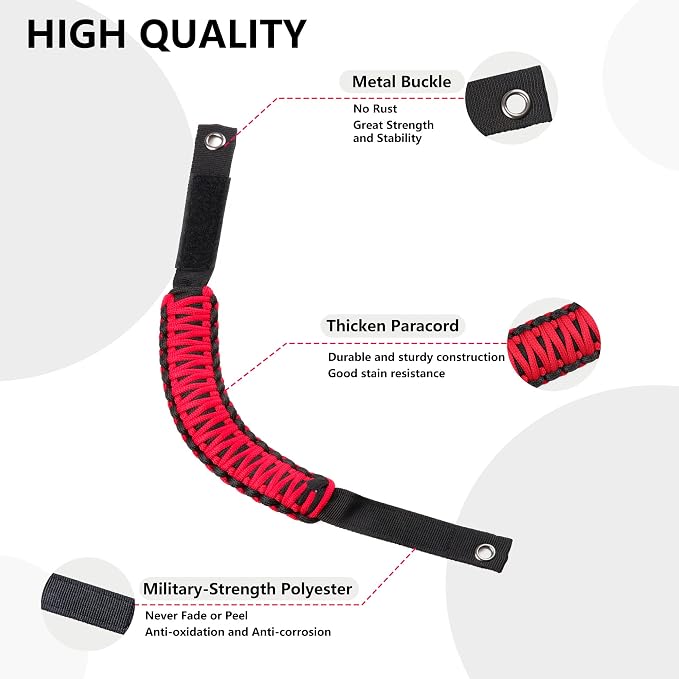 sukemichi Roll Bar Grab Handles for 2021-2026 Ford Bronco 2/4 Door, Red | Paracord handles grab,Fits Bronco 2021-2026 hard & soft top,Off-road safety grip handle,Work with airbag,Not for Sport,4 Pack