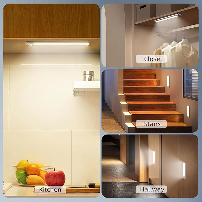 DAYBETTER 12inch Under Cabinet Lighting,2 Pack Motion Sensor Light Indoor | Rechargeable,3 Color Temps,5 Levels Dimmable,Magnetic Closet Light Battery Operated,Wireless Under Counter Lights for Kitchen