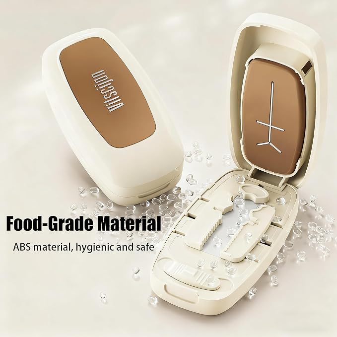 Pill Cutter Splitter for Small and Tiny Pills - Pill Cutter 1/4 - Accurately Cuts Multiple Pills - Easy Open Snap Button. Detachable Nonslip V-Shaped Pad. Wrap-Around Blade Guard. Back Storage (White)