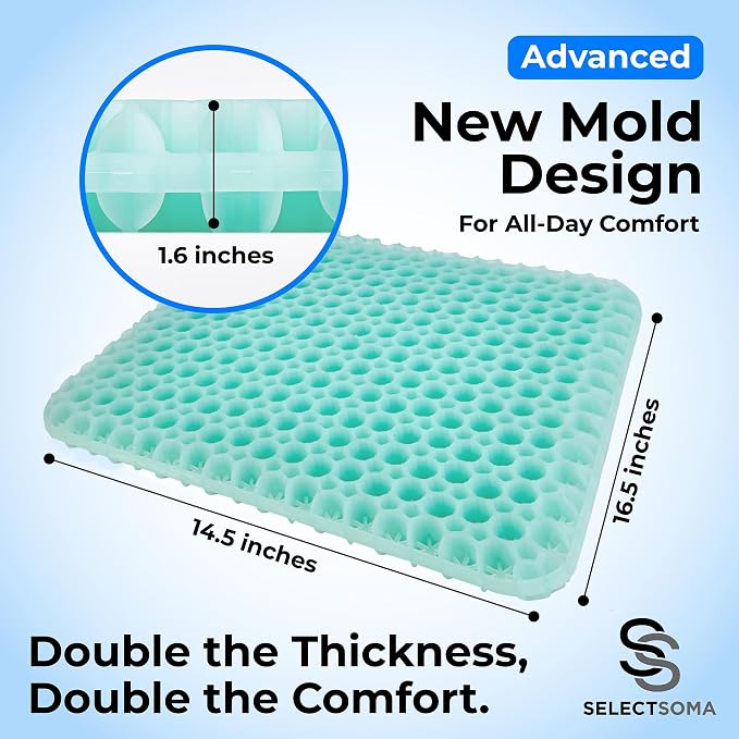SelectSoma Gel Seat Cushion for Long Sitting, Pressure Relief for Sciatica, Tailbone, Coccyx & Back Pain, Office Chair, Wheelchair, Car & Truck – Standard Size Mint Green Gel
