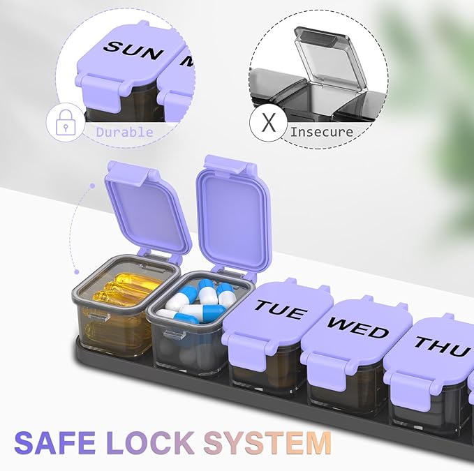 2-Pack Extra Large Weekly Pill Organizer - XL Vitamin Holder with 7 Detachable Compartments, Portable Medicine Pill Organizer for Supplements, Daily Pill Case for Home and Travel