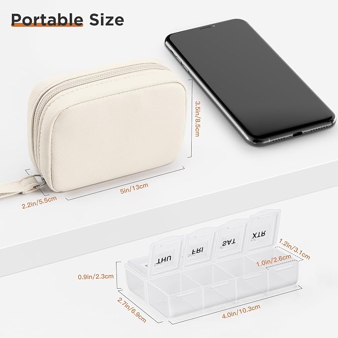 Zannaki Cute Pill Organizer for Purse with Two Removable 7-Day Pill Box, Travel PU Leather Pill Case, Portable Weekly Pill Container with Storage Bag to Hold Vitamins, Fish Oils, Supplements (Beige)
