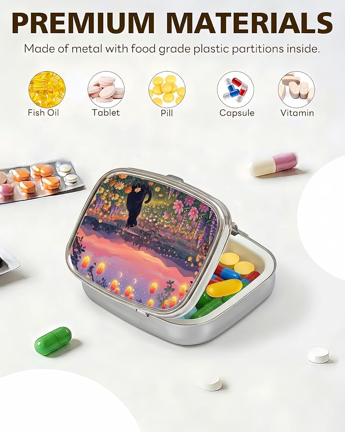LRITER Pill Case, 2 Compartment Portable Small Travel Pill Organizer for Purse and Pocket, Stylish Medicine Case with Multiple Patterns, Daily Pillbox for Home & Travel (Cat and Scenery)