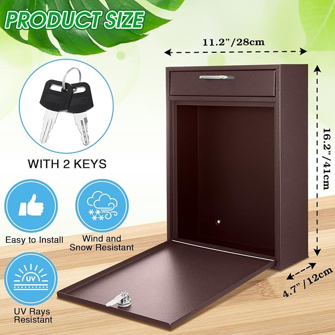 Yaocom Locking Mailbox with Key for Outdoor 16.2 x 11.2 x 4.7 Inches Large Wall Mount Mail Box with Lock Security Mail Drop Metal Collection Boxes Hanging Secure Postbox(Brown)