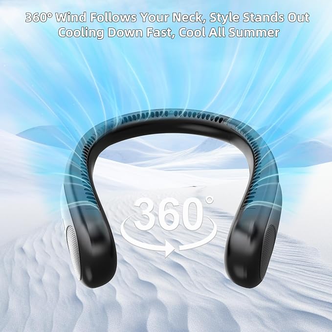 Portable Neck Fan, Personal Wearable Bladeless Fan for Outdoor Indoor, LED Display, 360° Cooling, 4-Speeds, 6000mAh USB Rechargeable, Birthday Gifts for Men Women Dad Mom (Black)