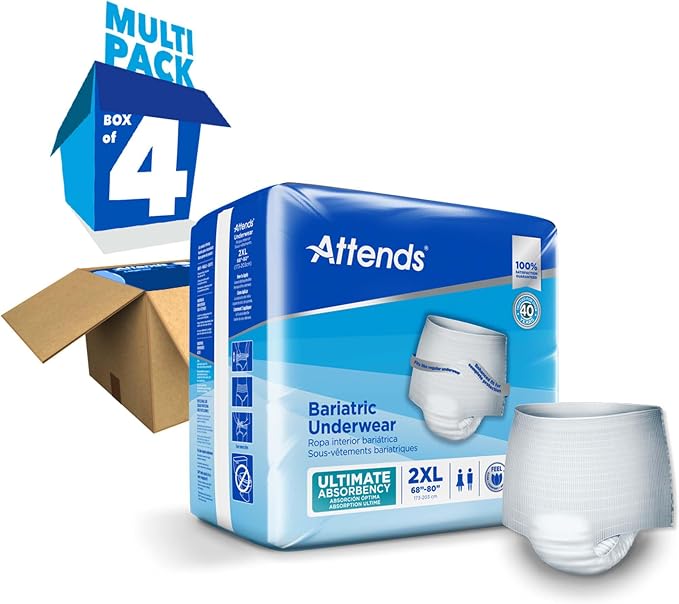 Attends Bariatric Adult Incontinence Underwear, 2X-Large (68–80”), [12 Count] – Overnight Absorbency for Men and Women, Disposable Pull-On Diapers with Tear-Away Sides, AU50