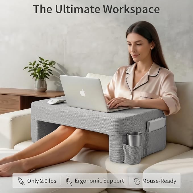 septsun Lap Desk Pillow, Large Ergonomic Couch and Bed Desk for Laptop | Gray Soft Foam Workstation for Gaming, Reading, WFH Fits 13-17" Laptop; Armrest Support, Smooth Mouse Area, Large Pockets