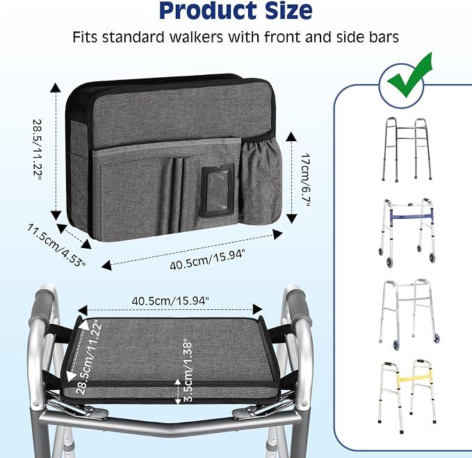 MoKo Walker Basket Bag with Tray, Upgraded Detachable Walker Tray for Folding Walkers with Non-Slip Mat, Large Storage Bag with Multi-Pockets and Cup Holder, Walkers Accessories for Senior, Gray