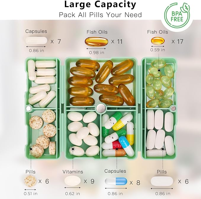 FYY Daily Pill Organizer, 7 Compartments Portable Pill Case Travel Pill Organizer,[Folding Design] Pill Box for Purse Pocket to Hold Vitamins,Cod Liver Oil,Supplements and Medication-Green