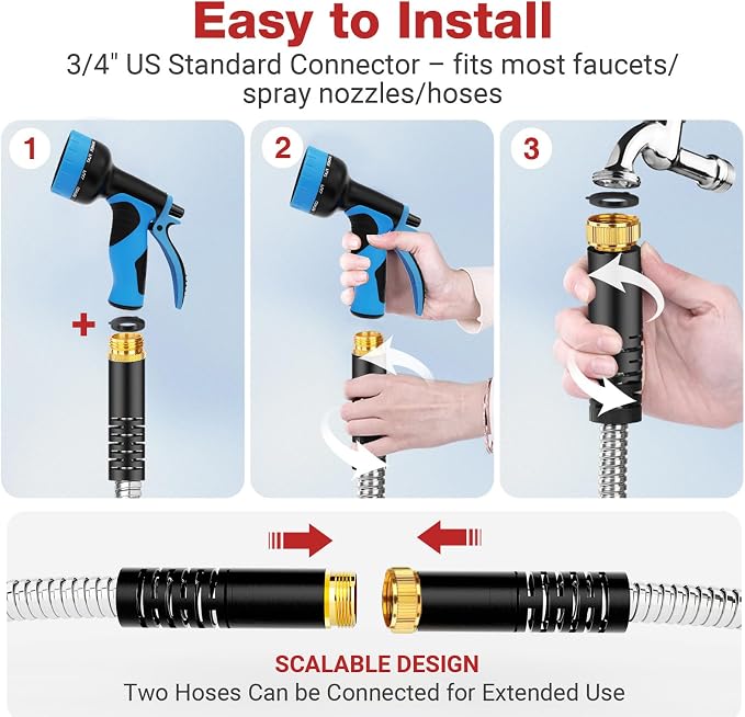 Lefree 50ft Metal Garden Hose - Heavy Duty 304 Stainless Steel Flexible Water Hose, No Kinks & Leak-Proof with Upgraded Handle, 10-Function Spray Nozzle for Balcony, Patio, Small Yard, Car Wash | Heavy Duty Flexible Hose, No Kinks & Leak-Proof with Upg...