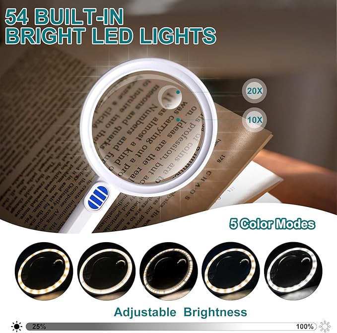 Magnifying Glass with Light Large 5.12" Rechargeable Magnifier with 5 Color Modes & 20 Level Brightness, 10X 20X 45X Handheld Magnifying Glass for Seniors Reading Coin Inspection