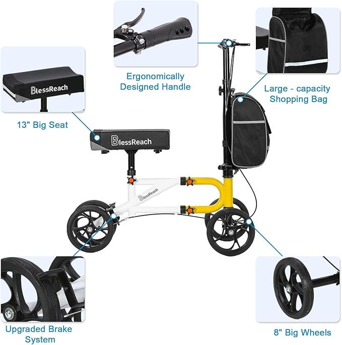 Economy Knee Scooter Steerable Knee Walker for Foot Injuries Compact Crutch Alternative with Dual Braking System (Yellow)