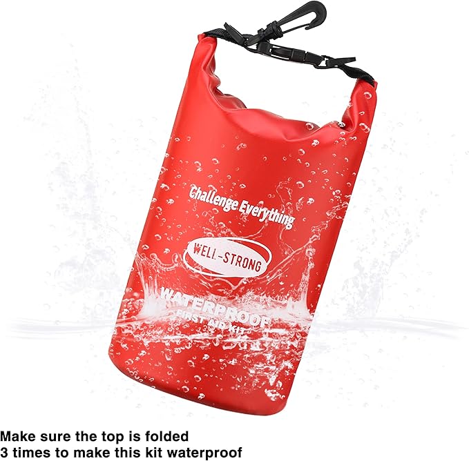WELL-STRONG Emergency First Aid Kit for Boating & Marine Safety Waterproof Medical Supplies with Roll Top Design for Fishing, Kayaking Red