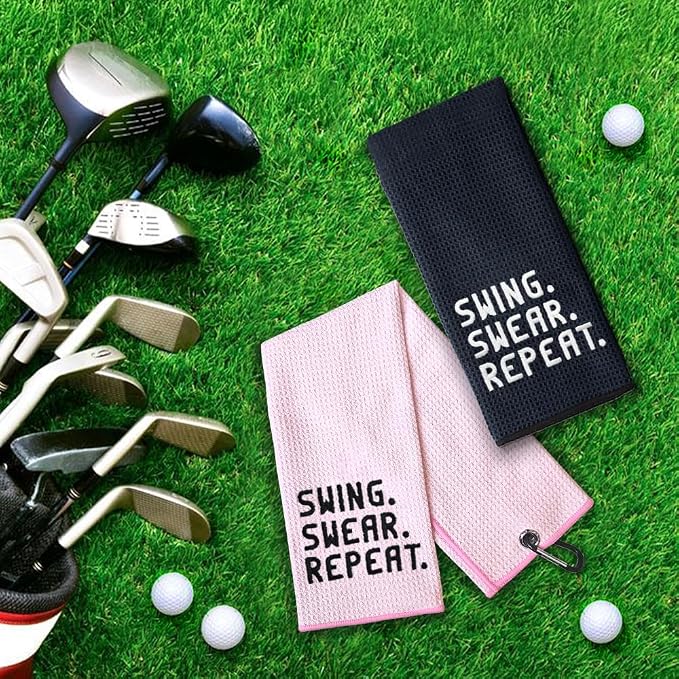 DYJYBMY Swing Swear Repeat Funny Embroidered Golf Towel Set, Pink Golf Accessories for Women Men, Birthday Anniversary Golfing Gifts for Husband Wife Couple, Retirement Gifts for Golfer Family Friend