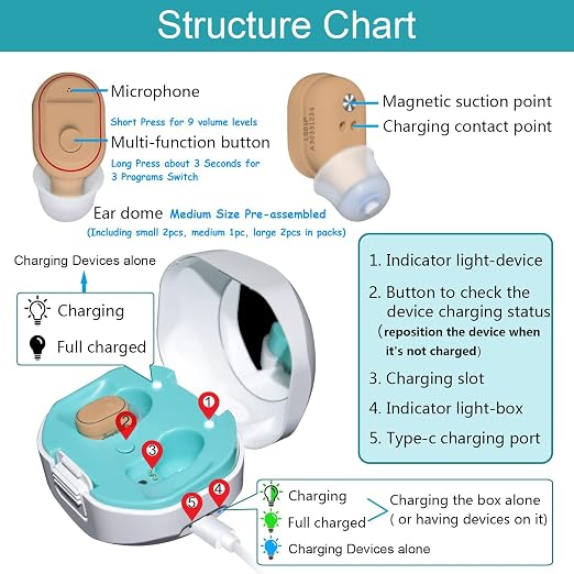 Banglijian Hearing Aids Rechargeable for Adults Seniors, Magnetic Contact Charging Box, Mini Sound Amplifier Noise Reduction and Feedback Cancellation (Beige)