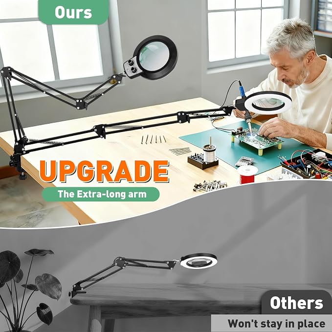 12X Magnifying Glass with Light with Clamp, 35in Extended Long Arm | Overhead Dual Knob Magnifier Lamp 4.2in Real Glass, Adjustable Color Brightness, For Workbench, Craft, Repair, Close Work