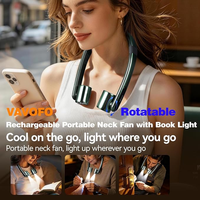 VAVOFO Portable Neck Fan with Book Light, Hands Free Wearable Cooling Fan | 6000mAh Rechargeable, 3 Speeds, 250° Adjustable, Ideal Gift for Reading, Travel, Office, Hiking, Fishing & Sports